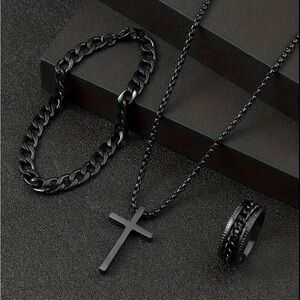 Black Cross Necklace, Ring, Bracelet Set NWT